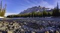 Bow River and Castle Mountain Banff National Park at sunrise Royalty Free Stock Photo