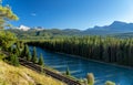 Bow River flows through forest and railway track. Storm Mountain in the background. Castle Cliff Viewpoint, Banff National Park Royalty Free Stock Photo