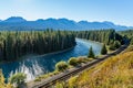 Bow River flows through forest and railway track. Storm Mountain in the background. Castle Cliff Viewpoint, Banff National Park Royalty Free Stock Photo