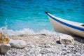 Bow small boat sea waves crashing shore pebble beach Royalty Free Stock Photo