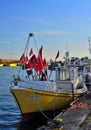 Bow of small yellow fishboat in harbor Royalty Free Stock Photo