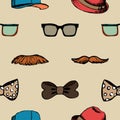 Bow tie, glasses and mustache seamless pattern