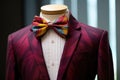 a bow tie placed next to a matching suit jacket