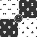 Bow Ties, Teddy Bears, Hipster Cats and Bunnies. Set of Black and White Seamless Patterns