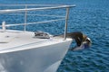 Bow of a white sailing yacht against the blue sea with anchor at the bow. copy space, selective focus, narrow depth of fieldÃÅ½ Royalty Free Stock Photo