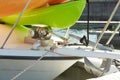 The bow of the yacht with anchor stops, a winch, a bollard with a mooring rope fixed to it and part of the anchor chain. Royalty Free Stock Photo