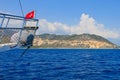 The bow of a yacht during a sea voyage. Background with selective focus and copy space