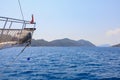 The bow of a yacht during a sea voyage. Background with selective focus and copy space