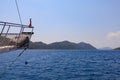 The bow of a yacht during a sea voyage. Background with selective focus and copy space