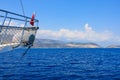 The bow of a yacht during a sea voyage. Background with selective focus and copy space