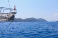 The bow of a yacht during a sea voyage. Background with selective focus and copy space