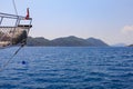 The bow of a yacht during a sea voyage. Background with selective focus and copy space