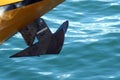 Bow of a yellow sailing yacht against the blue sea with anchor at the bow. copy space, selective focus, narrow depth of field. Royalty Free Stock Photo