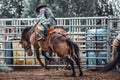 Bowden, Alberta, Canada, 26 July 2019 / Moments from the Bowden Daze, the town`s rodeo. Bronco riding, wild horse bucking and Royalty Free Stock Photo