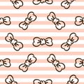 Bowknots on striped pink and white seamless vector pattern.