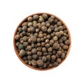 Bowl of allspice pepper grains isolated on white, top view Royalty Free Stock Photo