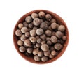 Bowl with allspice on white background, top view Royalty Free Stock Photo