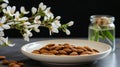 a bowl of almonds next to a vase of flowers. generative ai