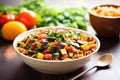 a bowl of alphabet pasta with vibrant veggies sauce