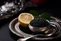 The bowl with appetizing black caviar and vintage silver spoon on dark background. Generative AI Royalty Free Stock Photo