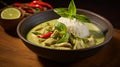 A bowl of aromatic and flavorful thai green curry with jasmine rice