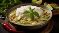 A bowl of aromatic and flavorful thai green curry with jasmine rice