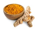 Bowl of aromatic turmeric powder and raw roots isolated on white Royalty Free Stock Photo