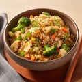 Bowl of asian fried rice with vegetables and chopsticks