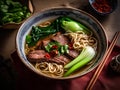 Bowl of asian noodle soup with beef and celery.