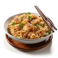 Bowl of Asian noodles with sesame seeds and parsley on white background