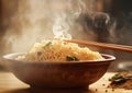 Bowl of asian traditional noodles and chopstick on light kitchen background.Macro.AI Generative