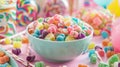 a bowl of assorted candy on a festive table, surrounded by decorations Royalty Free Stock Photo