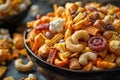 Bowl of assorted crunchy snacks including nuts, pretzels and popcorn Royalty Free Stock Photo