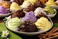 Bowl Of Assorted Ice Cream Flavors With Toppings Ice Cream Day Celebration. Generative AI Royalty Free Stock Photo