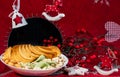 assorted snacks in bowl with festive christmas decorations Royalty Free Stock Photo