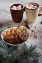 Cups of cocoa with marshmallows and chocolate cookies on a table background. Christmas sweets. Cafe breakfast. Royalty Free Stock Photo