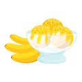 Bowl of banana ice cream with whole bananas. Sweet dessert illustration, yellow ice cream scoops. Delicious frozen treat