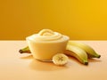 Bowl of banana yogurt on a yellow background