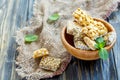 Bowl of bars with sesame, sunflower seeds and peanuts. Royalty Free Stock Photo