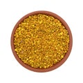 Bowl of bee pollen granules on a white background