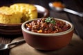 A bowl of hearty beef chili with tender beef, beans, and spices. (Generative AI) Royalty Free Stock Photo