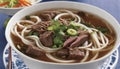 A bowl of beef noodle soup with green onions