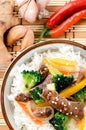 Bowl of beef rice on a bamboo mat Royalty Free Stock Photo