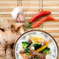 Bowl of beef rice on a bamboo mat Royalty Free Stock Photo