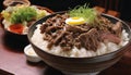 A bowl of beef and rice with a fried egg on top
