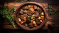 Bowl of beef stew, brimming with tender chunks of meat, root vegetables, and herbs on a wooden table, top-down shot, generative ai