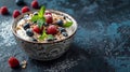 A bowl of berries and granola with a spoon on top, AI Royalty Free Stock Photo