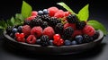 a bowl of berries and raspberries with mint leaves. generative ai Royalty Free Stock Photo