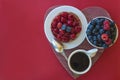 Bowl with blackberries, cake with red raspberries and cup of coffee Royalty Free Stock Photo