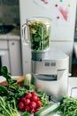.Bowl of blender with herbs and vegetables Royalty Free Stock Photo